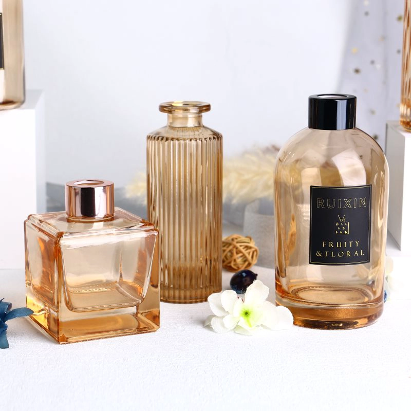 Ribbed Round Amber Glass Diffuser Bottles with Caps