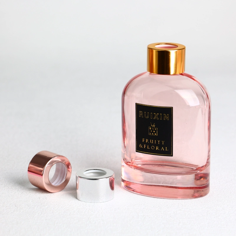 Oblate Flask Pink Glass Diffuser Bottles with Labels and Screw Neck