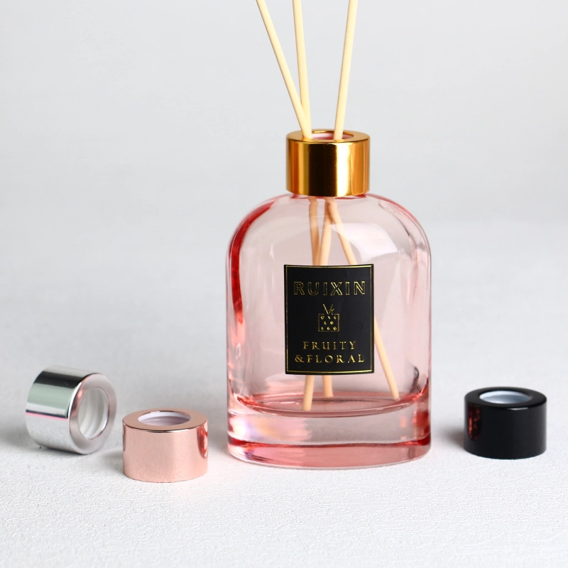 Oblate Flask Pink Glass Diffuser Bottles with Labels and Screw Neck
