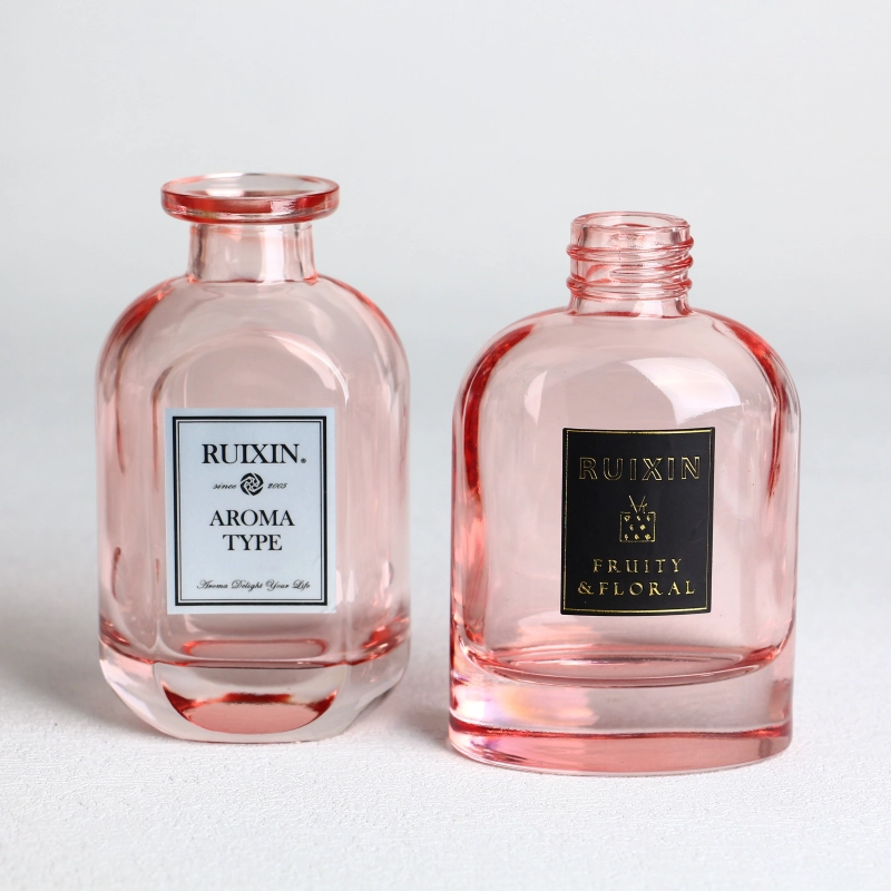 Oblate Flask Pink Glass Diffuser Bottles with Labels and Screw Neck