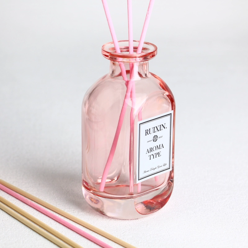 Oblate Flask Pink Glass Diffuser Bottles with Labels