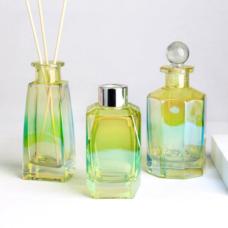 Electroplated Prism Shaped Green Glass Diffuser Bottles with Caps