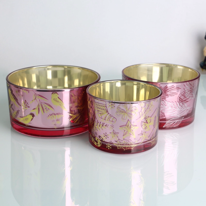 30온스 3심 반투명 분홍색 전기도금 내부 양초 유리병과 나무 뚜껑