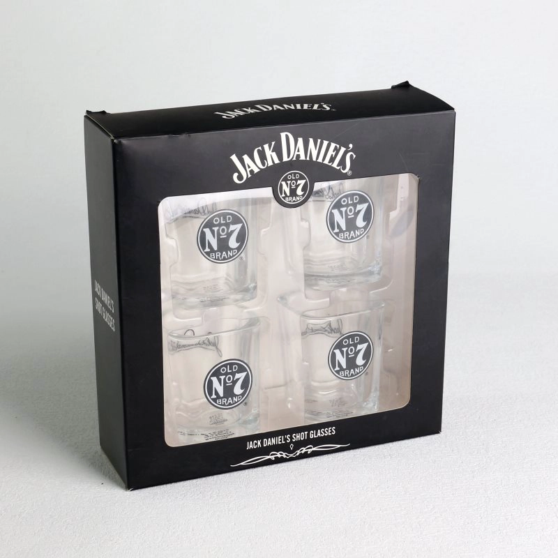 2-Unzen-Schnapsgläser mit individuell bedrucktem Aufkleber und individuellem, farbig bedrucktem Geschenkbox-Set