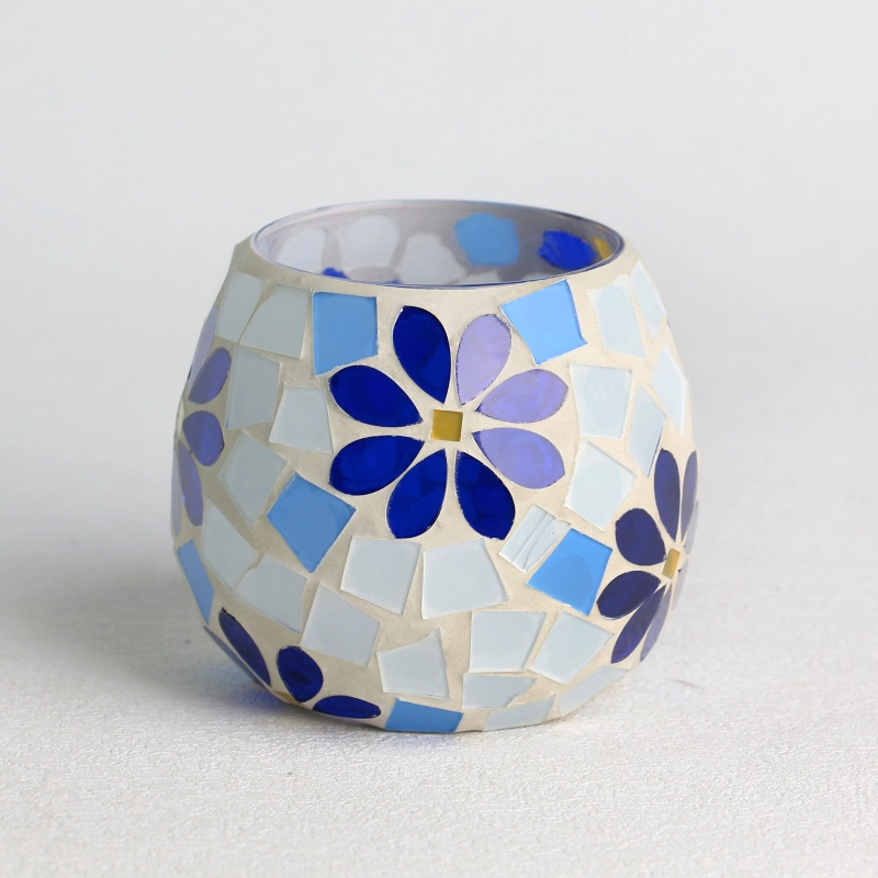 卸売ガラスモザイク表面白と青の花葉のパターンキャンドルジャーセット