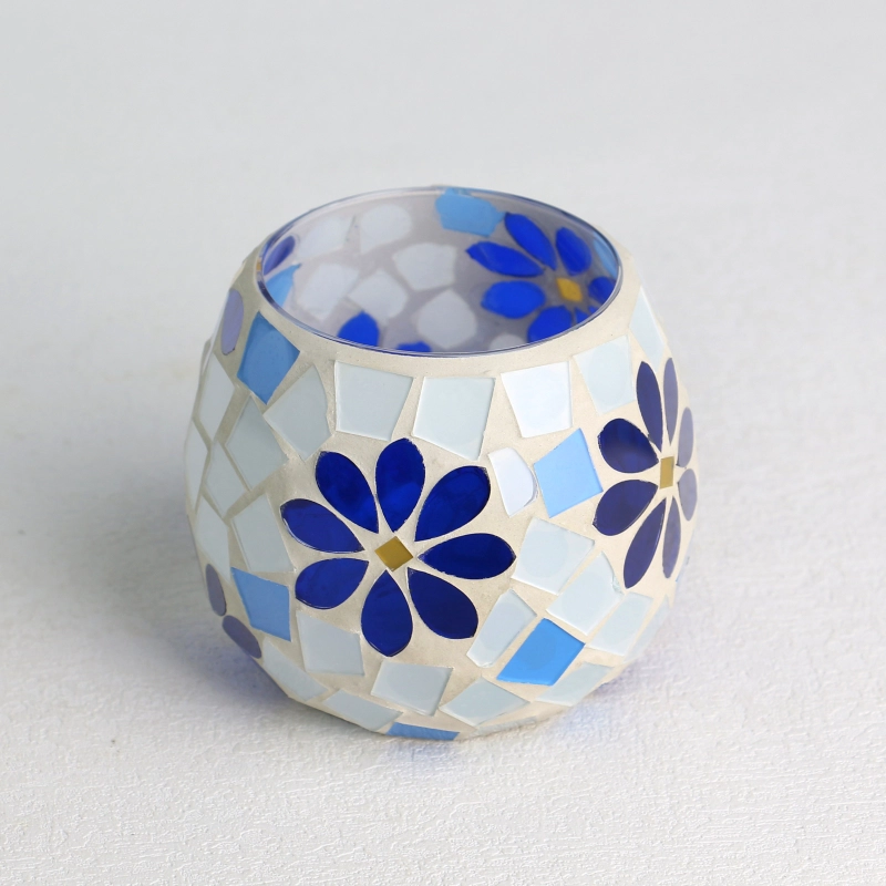 卸売ガラスモザイク表面白と青の花葉のパターンキャンドルジャーセット
