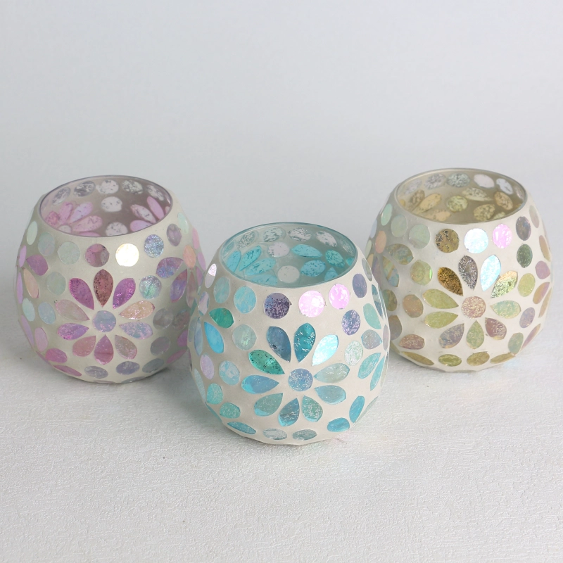wholesale electroplated glass mosaic surface Floral leaf pattern candle jar set