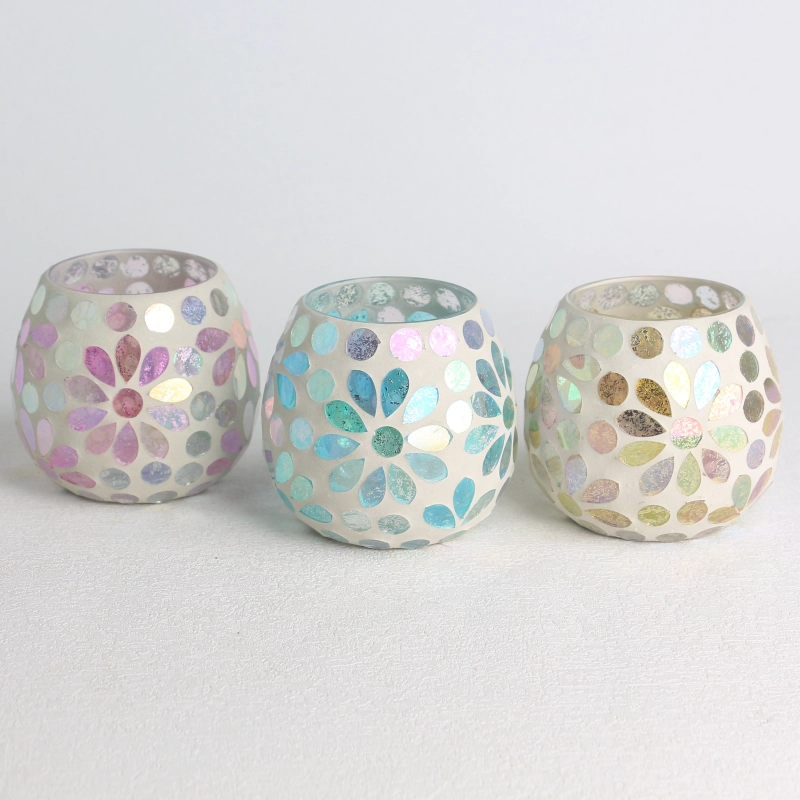 wholesale electroplated glass mosaic surface Floral leaf pattern candle jar set