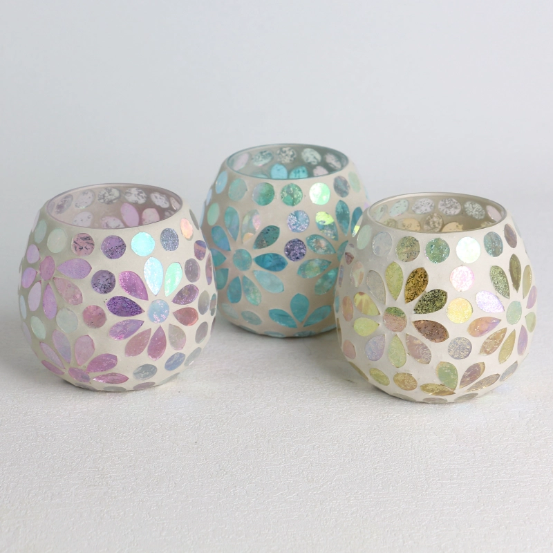 wholesale electroplated glass mosaic surface Floral leaf pattern candle jar set
