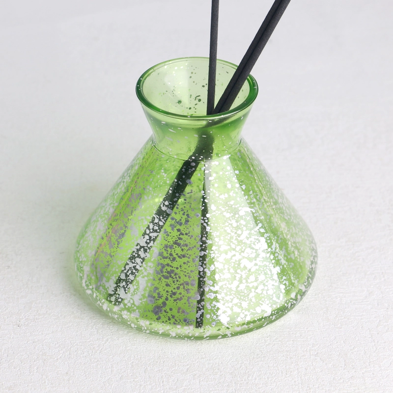 transparent green electroplated laser fleck finished flask shaped glass diffuser bottle