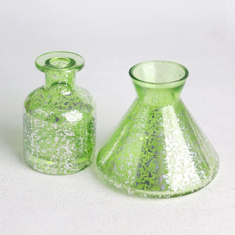 transparent green electroplated laser fleck finished flask shaped glass diffuser bottle