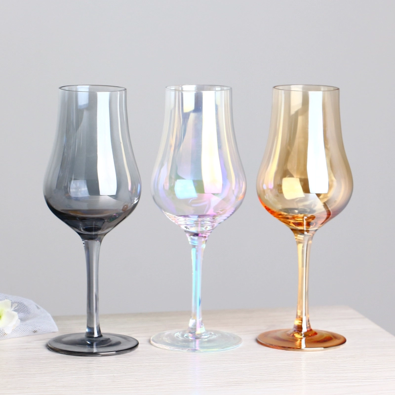 Electroplated iridescent colored grey amber teardrop shaped cocktail glass set of 3