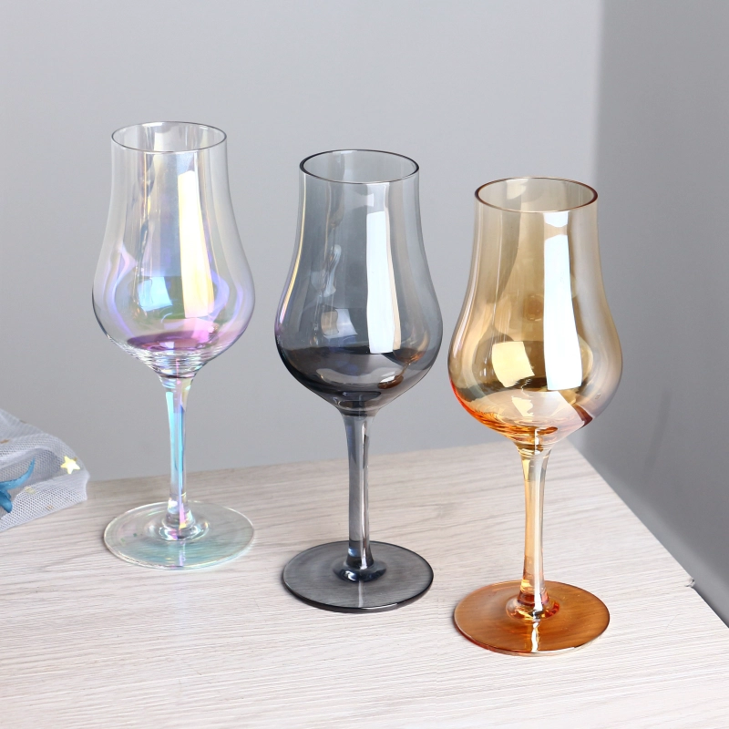 Electroplated iridescent colored grey amber teardrop shaped cocktail glass set of 3