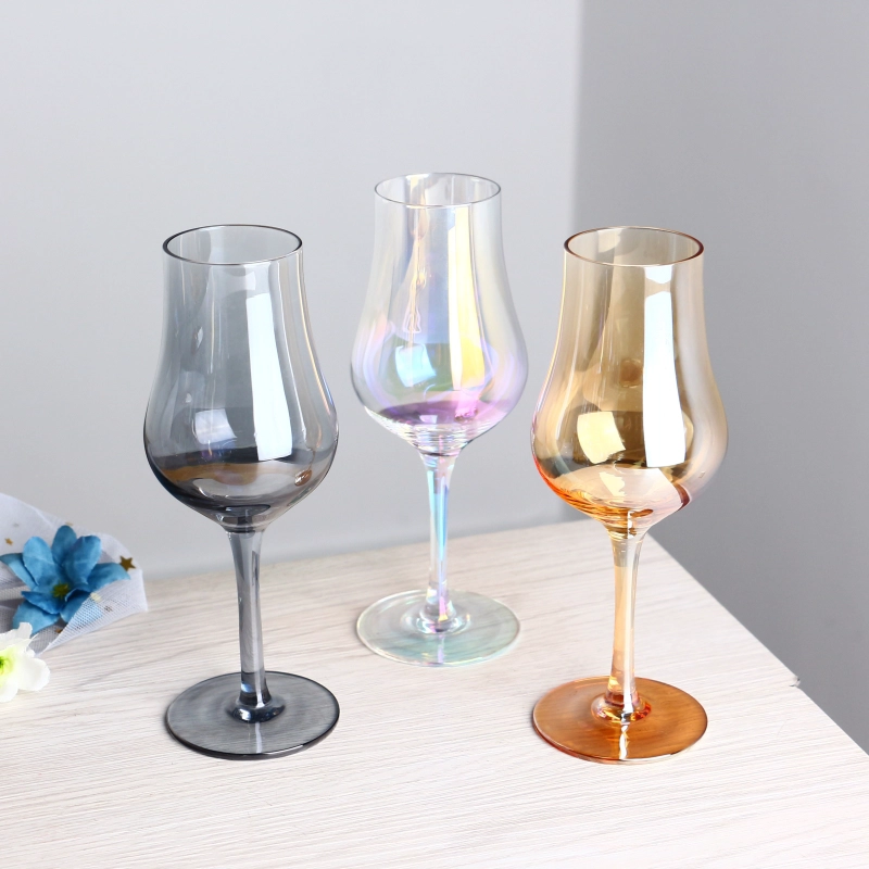 Electroplated iridescent colored grey amber teardrop shaped cocktail glass set of 3