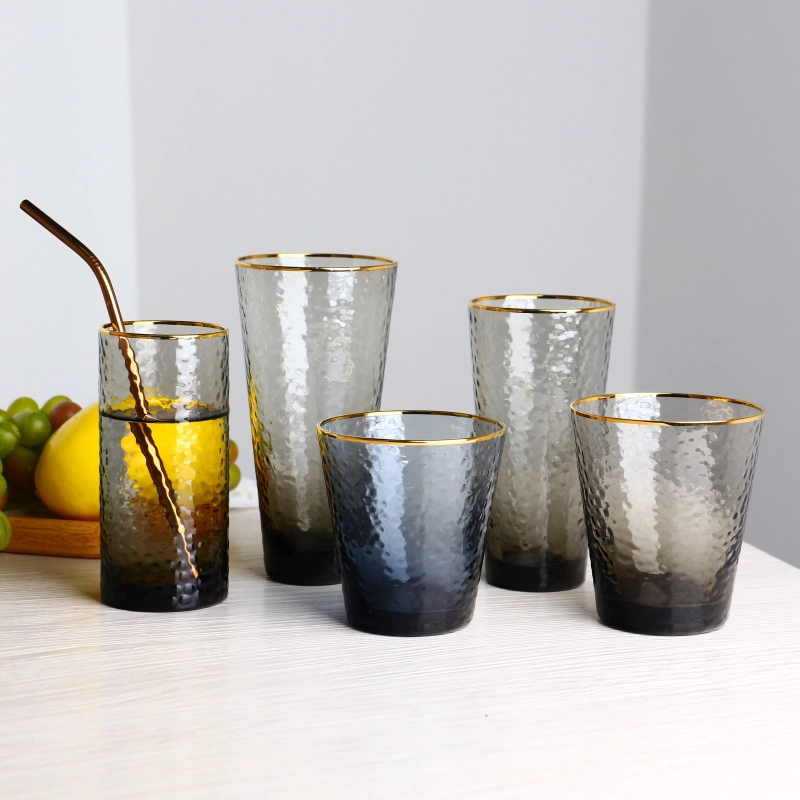 Colored deep grey and blue gold rim hammer highball glass cup cocktail glass tumbler set of 5
