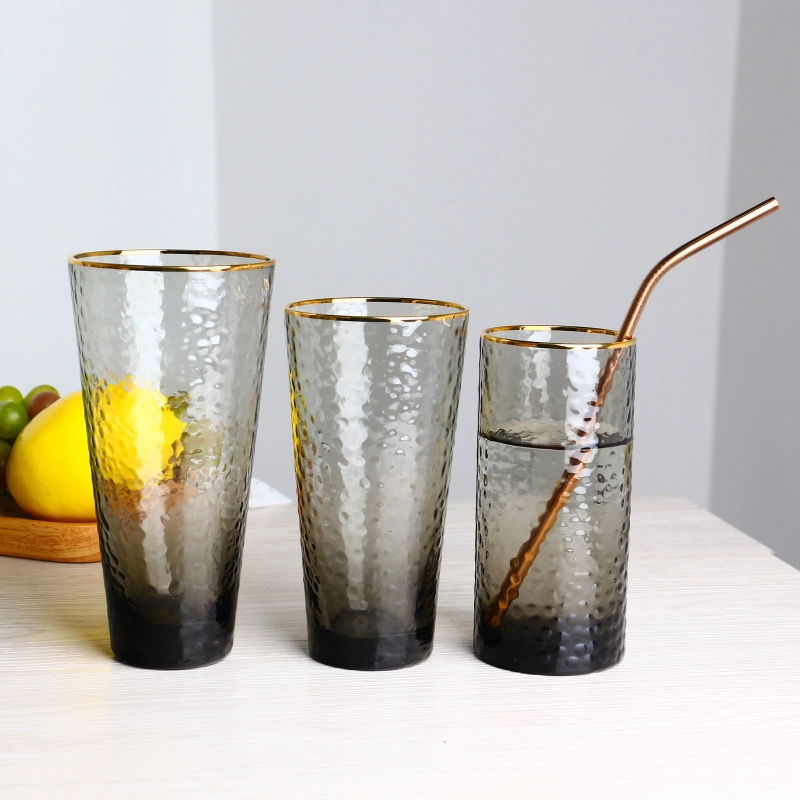 Colored deep grey and blue gold rim hammer highball glass cup cocktail glass tumbler set of 5