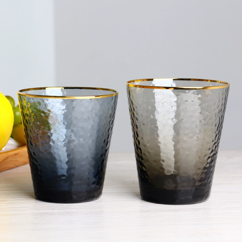 Colored deep grey and blue gold rim hammer highball glass cup cocktail glass tumbler set of 5