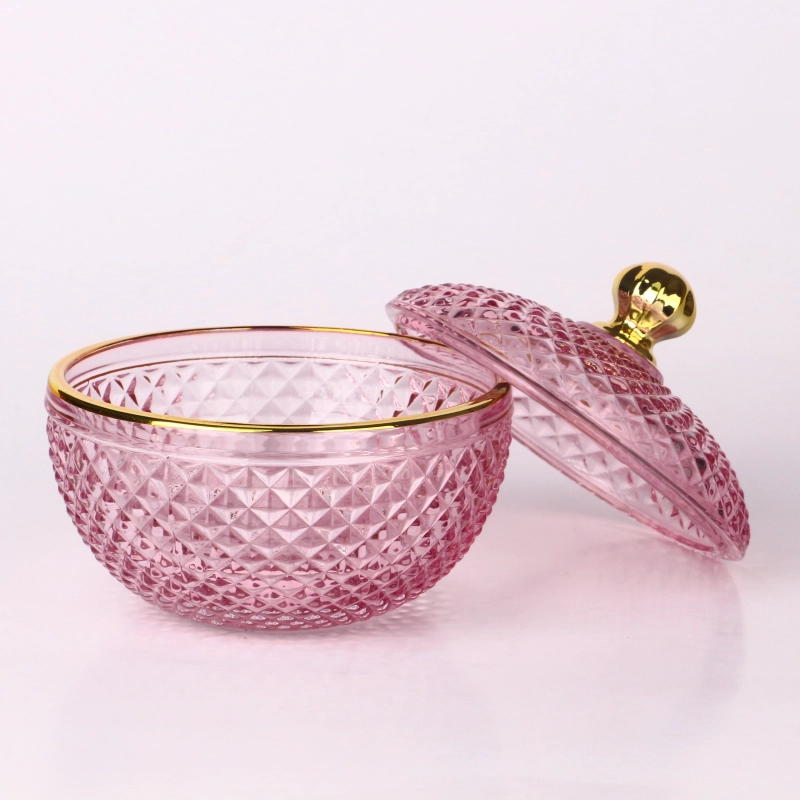4oz 10oz colored transparent pink geo cut diamond faceted glass candle jar with gold tip lid