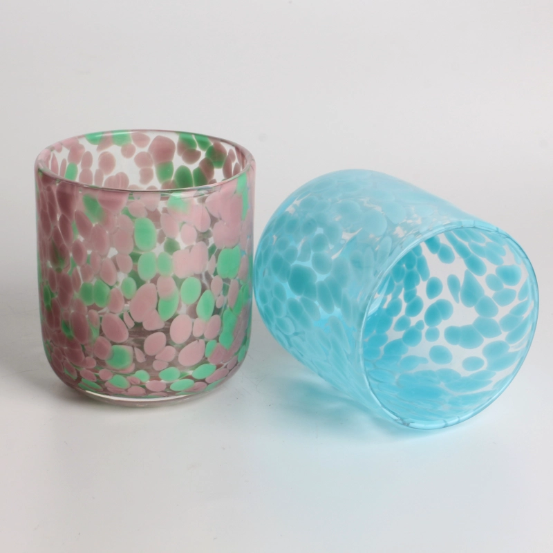 Handmade round bottom 250ml 7oz grey and green fritted Confetti glass candle jar