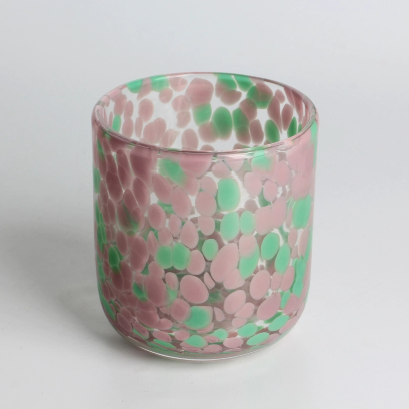 Handmade round bottom 250ml 7oz grey and green fritted Confetti glass candle jar
