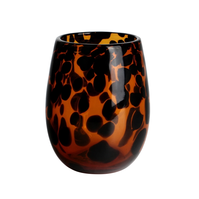 El işi 450 ml 12 oz leopar amber ve siyah fritli Konfeti yuvarlak cam mum kavanozu