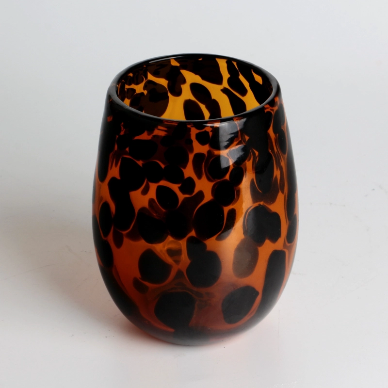 El işi 450 ml 12 oz leopar amber ve siyah fritli Konfeti yuvarlak cam mum kavanozu