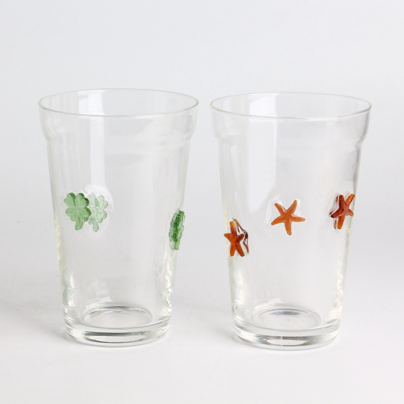 Handmade clear 12oz beer beverage glass drinking tumbler with Clover 3D inlay decoration