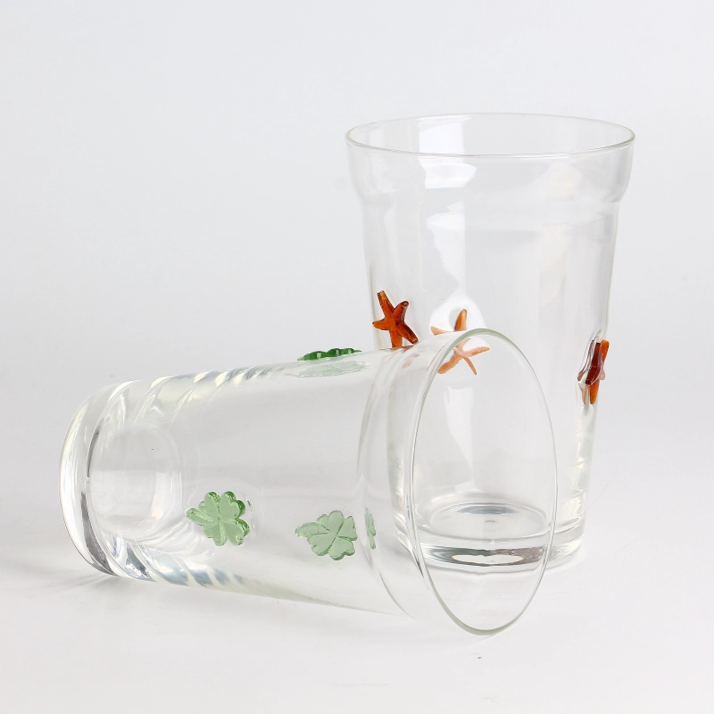 Handmade clear 12oz beer beverage glass drinking tumbler with Clover 3D inlay decoration