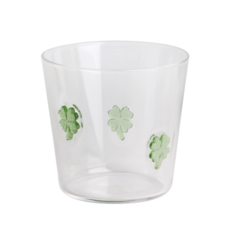 Handgeblazen aangepaste 3D Clover Inlay Design 300ml 10oz hoge borosilicaatglas Tumbler cup