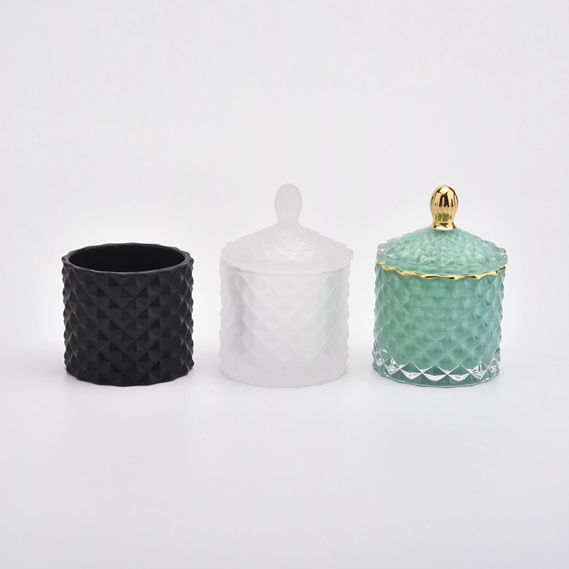 Customized color on 110ml geo cut glass candle holder with lids for wholesale