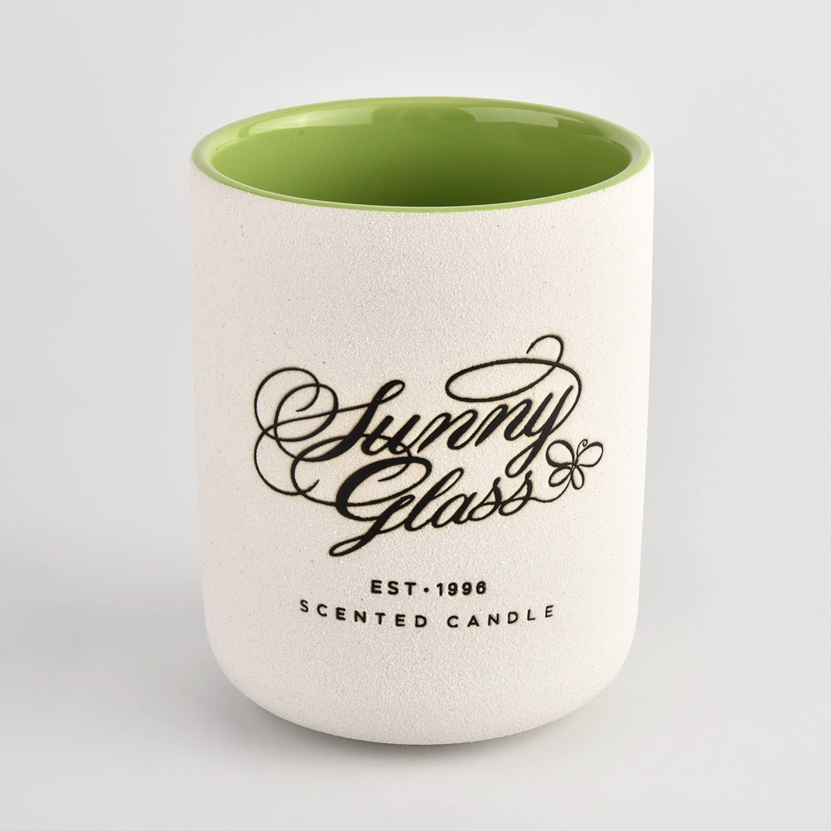 matte white ceramic vessel green inside for candles