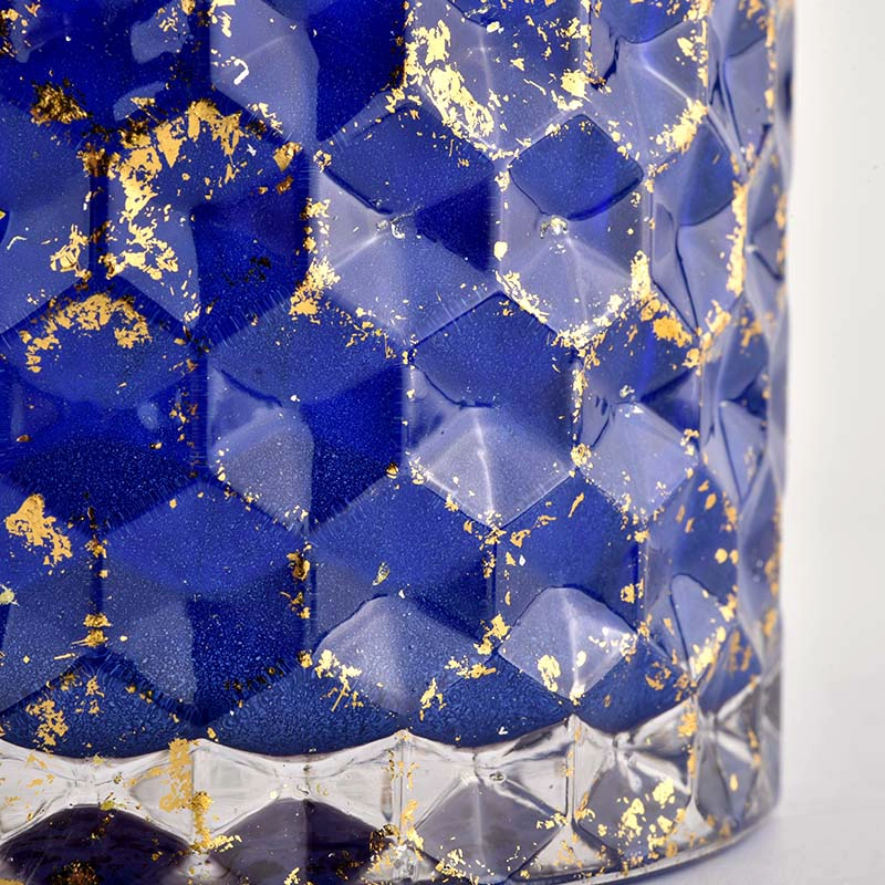 Purple Christmas basket weave glass candle jar with Gold Metallic paint splatters