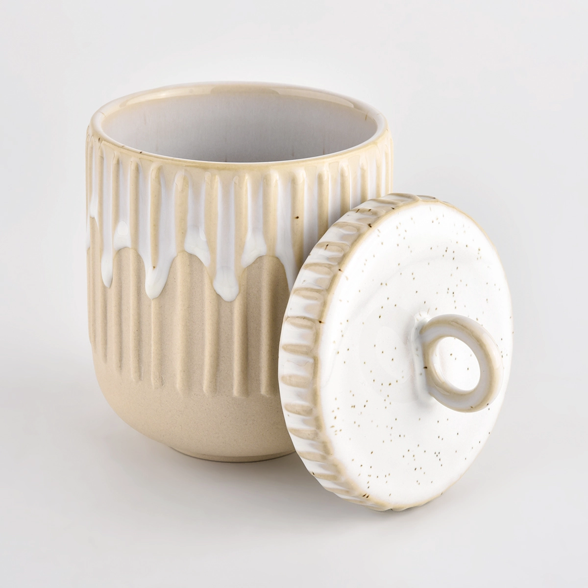 Strip pattern ceramic candle jars with lids from Sunny Glassware