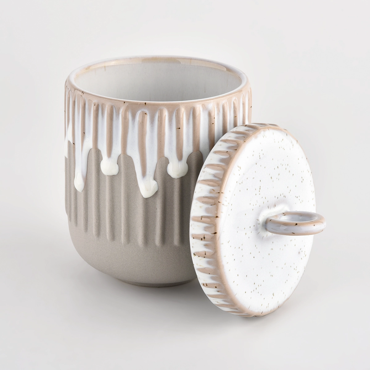 Strip pattern ceramic candle jars with lids from Sunny Glassware