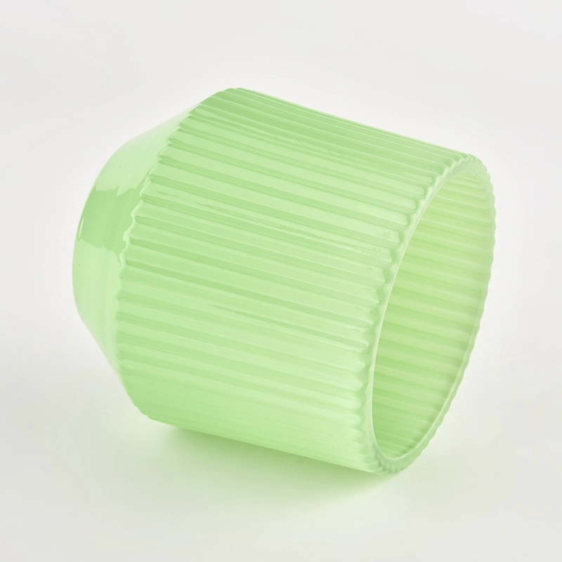 green glass candle vesel with stripes pattern 200ml