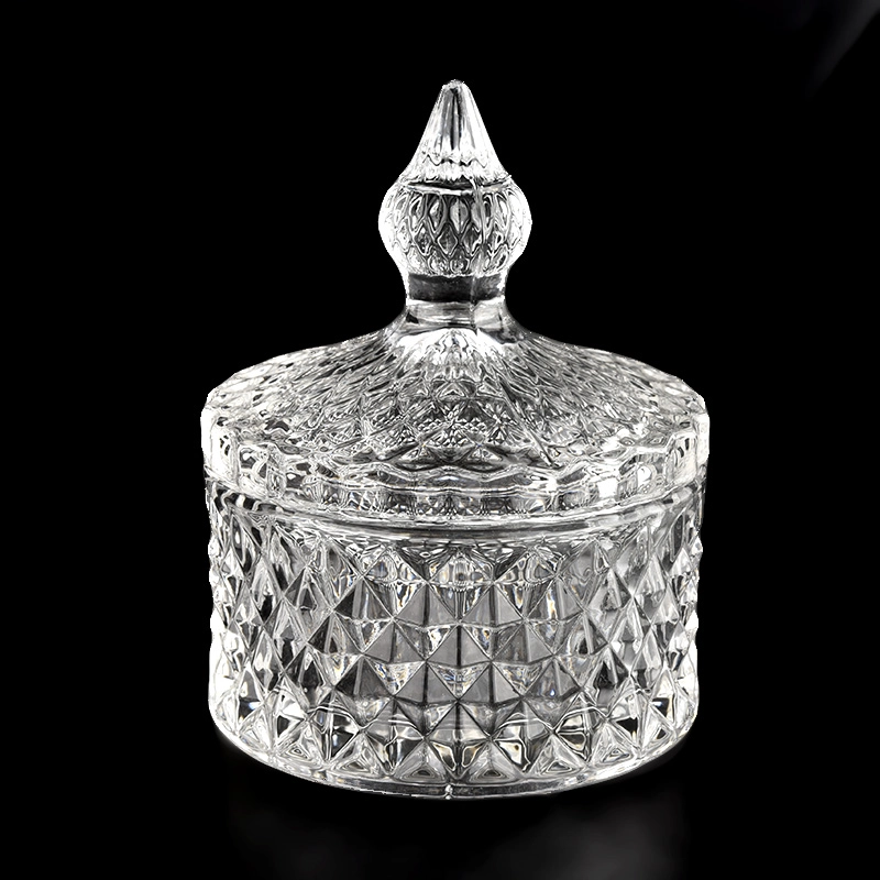 Newly design 140ml diamond effect glass candle jar with handle lids for supplier Newly design 140ml diamond effect glass candle jar with handle lids for supplier