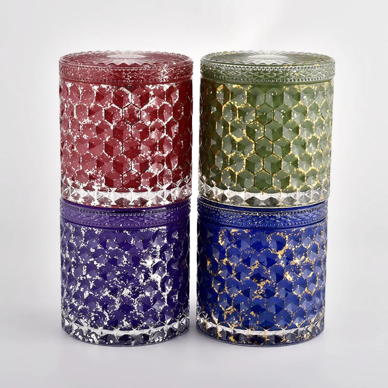 Custom mark blue glass shinning glass candlestick home decoration candle jar with lids