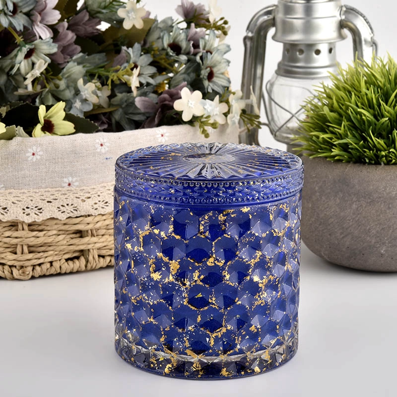 Custom mark blue glass shinning glass candlestick home decoration candle jar with lids