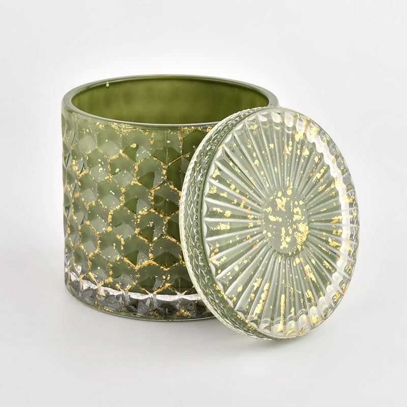 luxury 12oz geo cut green glass candle holders with lid