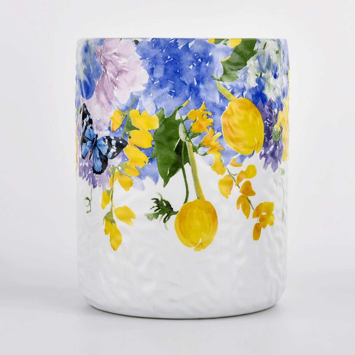 Wholesale 390 ML empty applique printing ceramic candle jars from Sunny Glassware