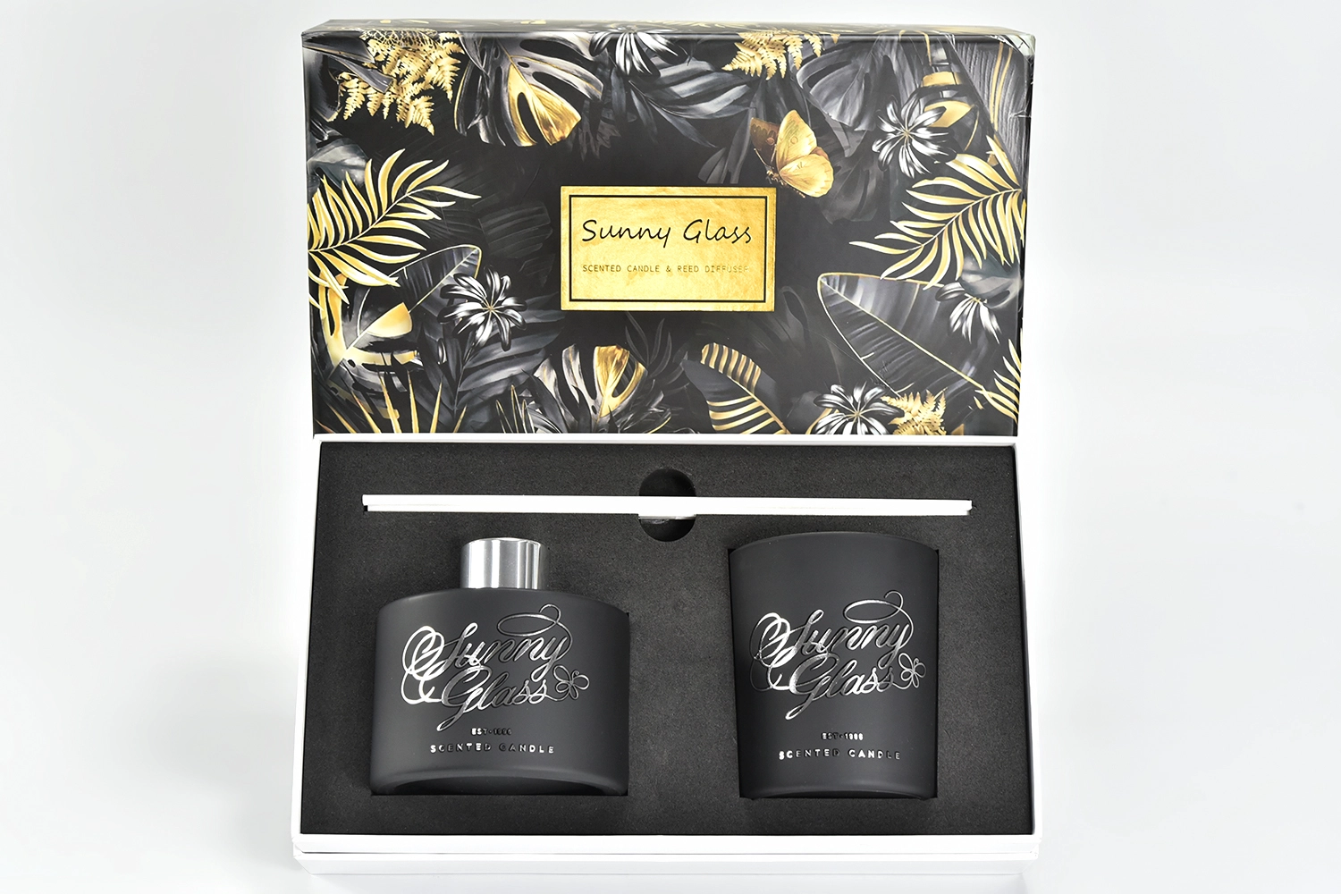 Custom Gift Set Black Glass Candle Holders with Black Glass Diffuser Bottle
