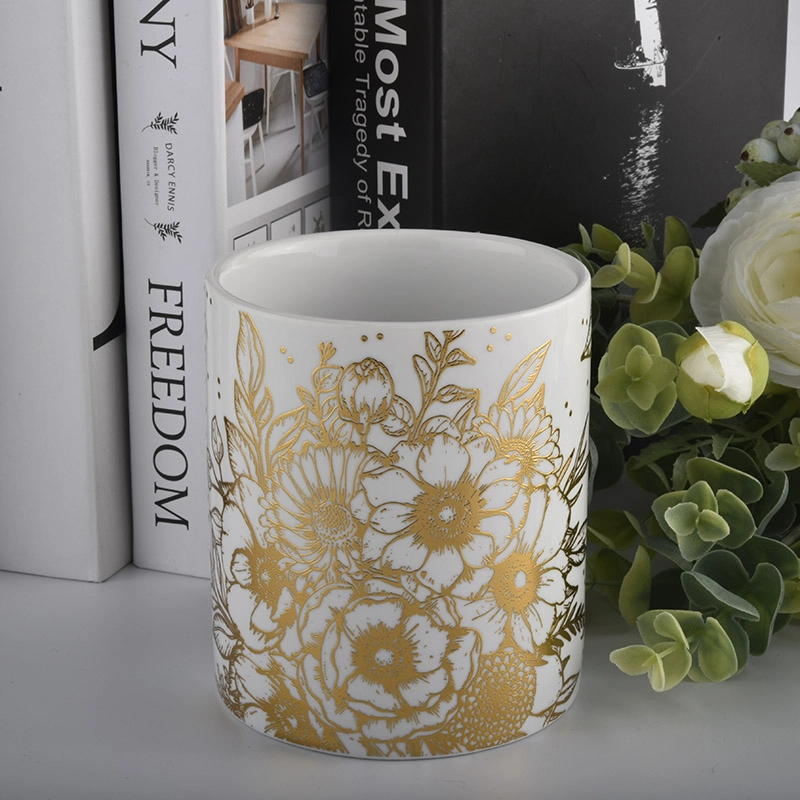 Luxury Gold Printing Ceramic Candle Vessels White Ceramic Candle Jars Gold Printing Ceramic Candle Vessels metallic gold ceramic candle jars