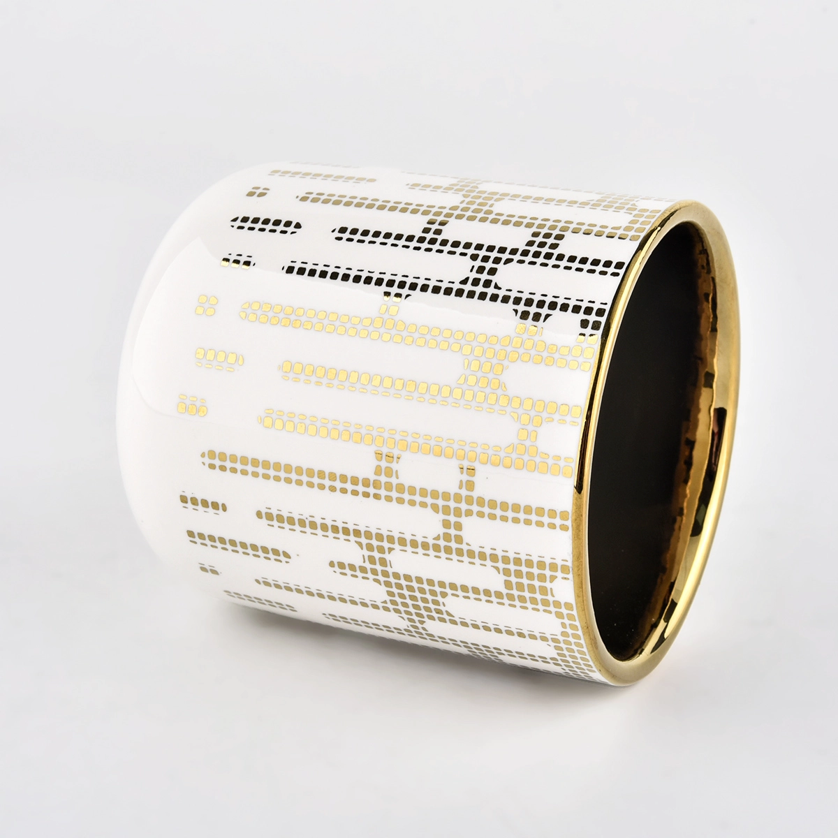 portacandele rotondo in ceramica con motivo oro di lusso