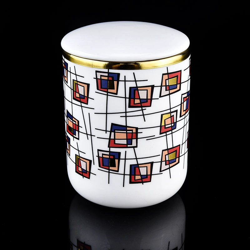 home decor white ceramic candle jar with lid with artwork printing home decor white ceramic candle jar with lid with artwork printing