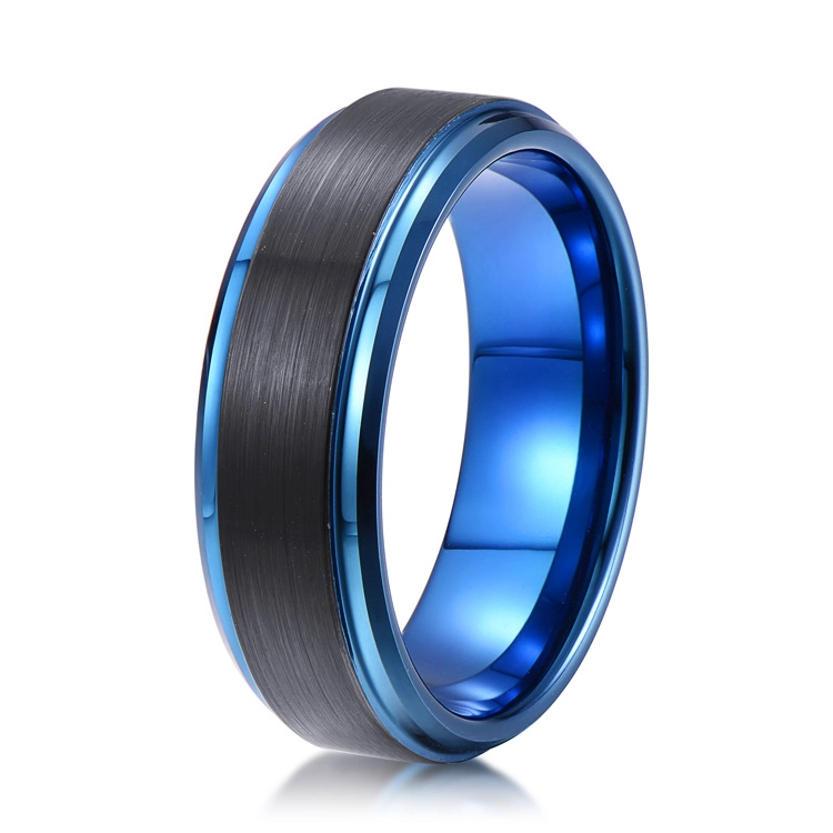 Hohe Qualität Zwei getönte Wolframkarbid Ring Satin gebürstet Schwarzes und blaues Plattiert Wolfram Hochzeitsband China Lieferant