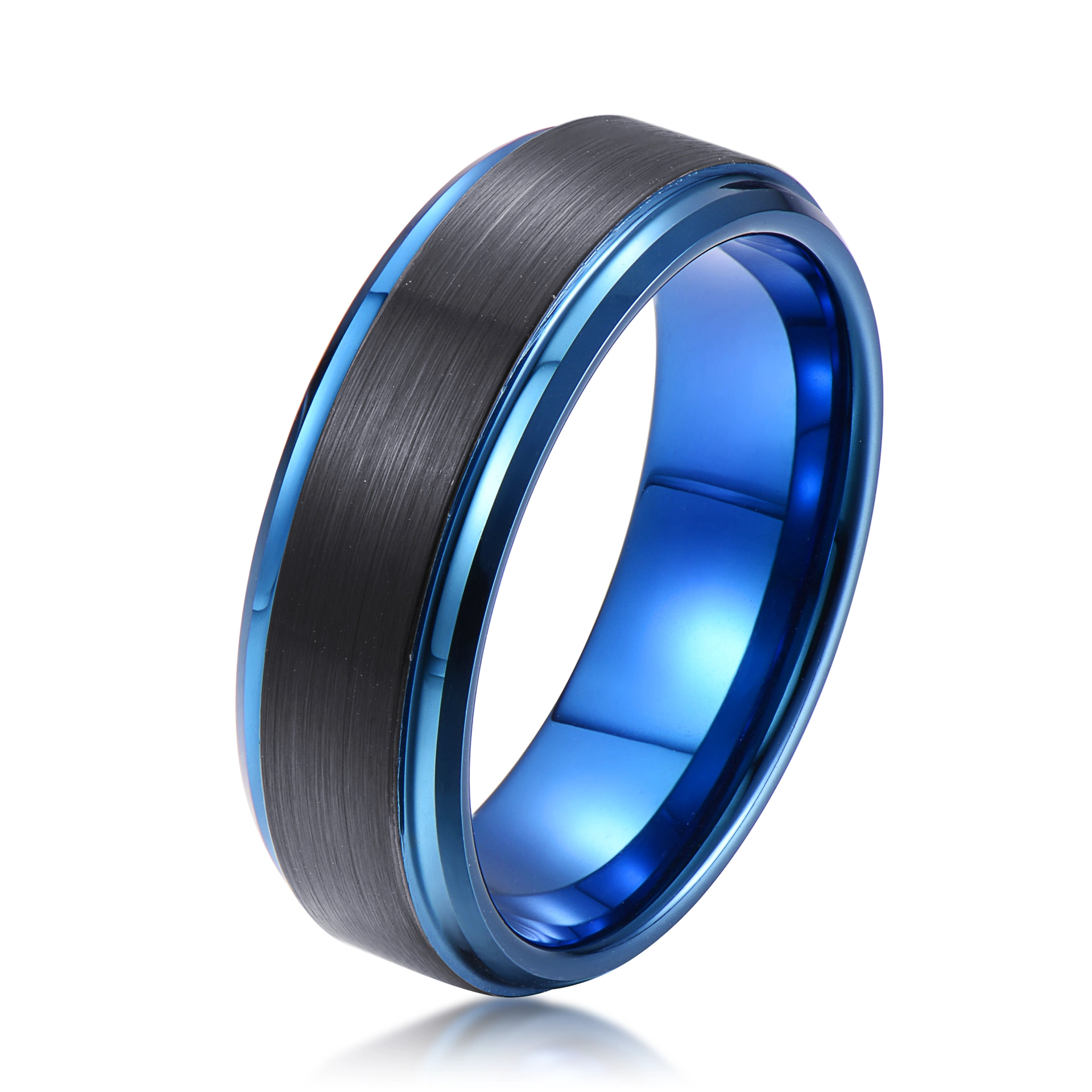 Hohe Qualität Zwei getönte Wolframkarbid Ring Satin gebürstet Schwarzes und blaues Plattiert Wolfram Hochzeitsband China Lieferant