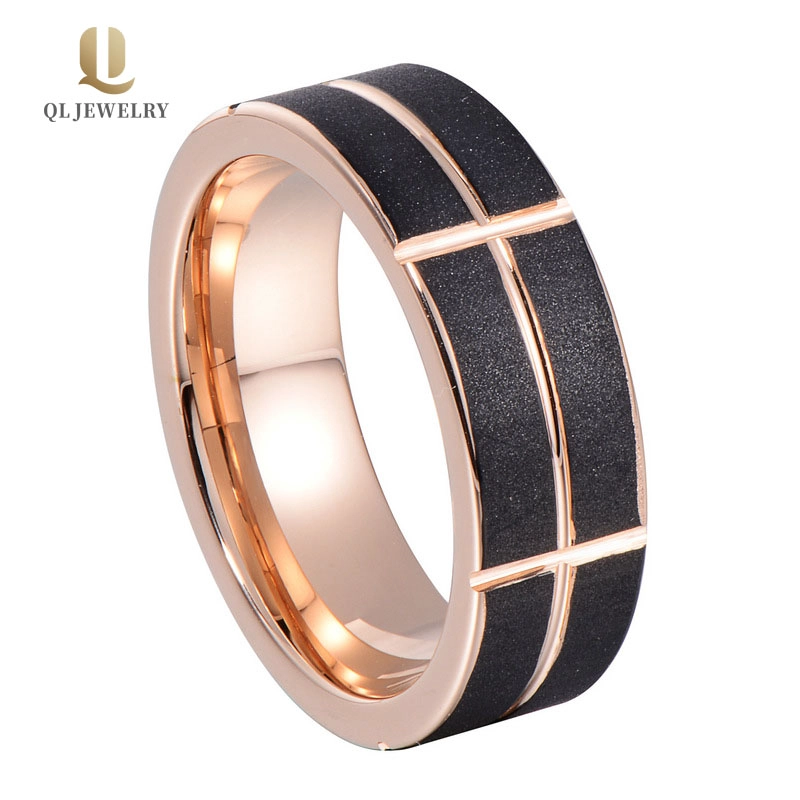 Hotsale 6mm sandgestrahlt und graviert zwei getönte Wolframkarbidring mit Roségold und schwarzer Plattierung China-Lieferant
