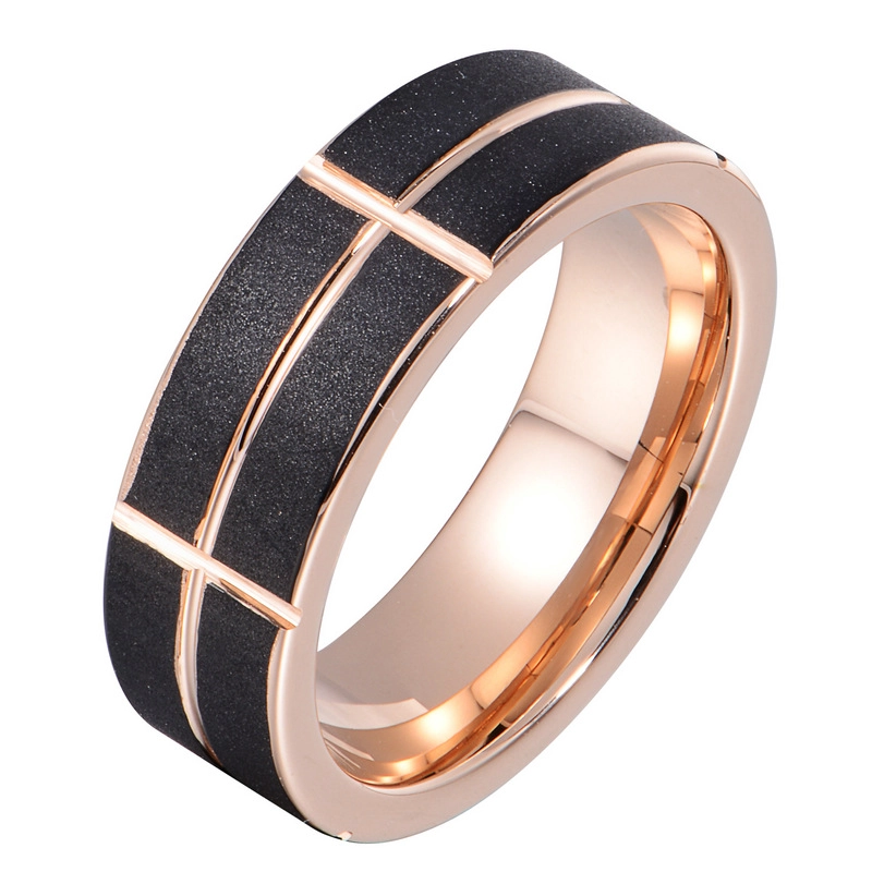 Hotsale 6mm sandgestrahlt und graviert zwei getönte Wolframkarbidring mit Roségold und schwarzer Plattierung China-Lieferant