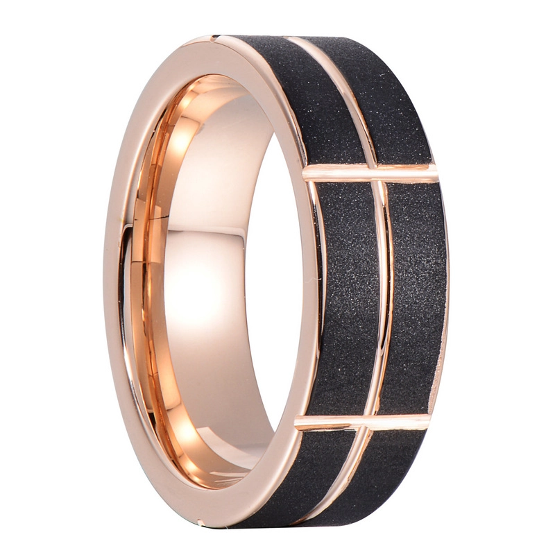 Hotsale 6mm sandgestrahlt und graviert zwei getönte Wolframkarbidring mit Roségold und schwarzer Plattierung China-Lieferant
