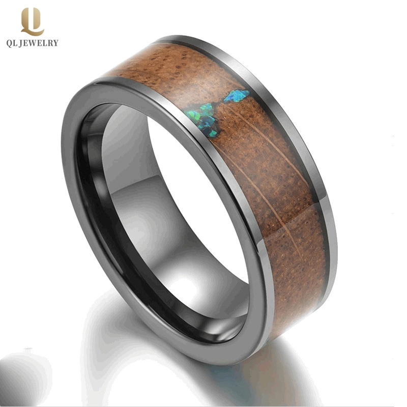 Amazing 8mm High Polished Black Tungsten Carbide Ring with Wood and Opal and turquoise Inlay China Supplier